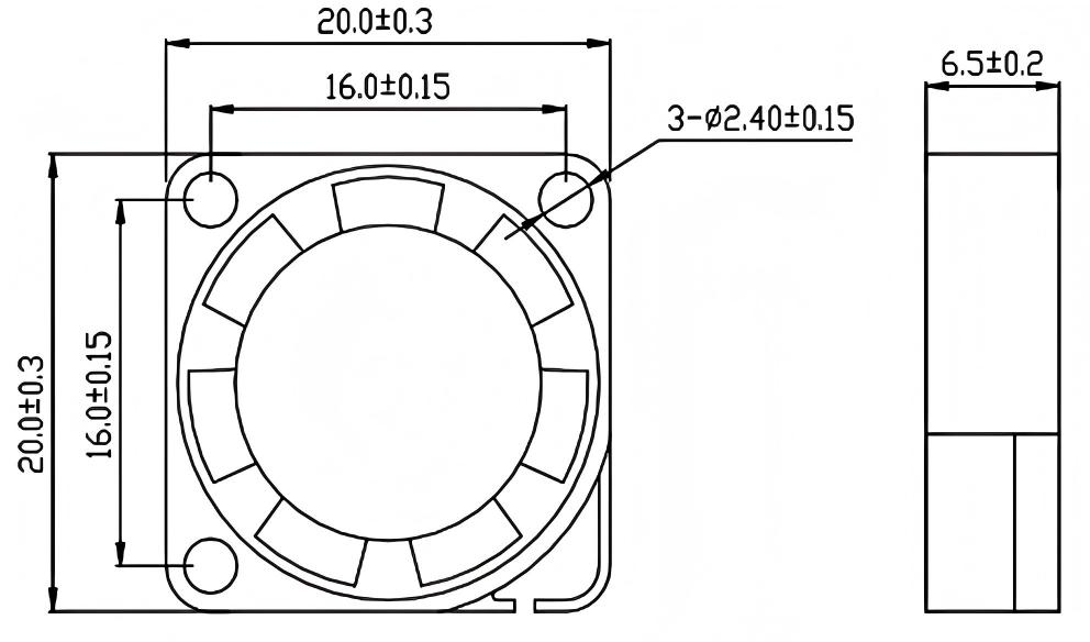JF2006 20 × 20 × 6 mm DC fan dimensions and mounting drawing