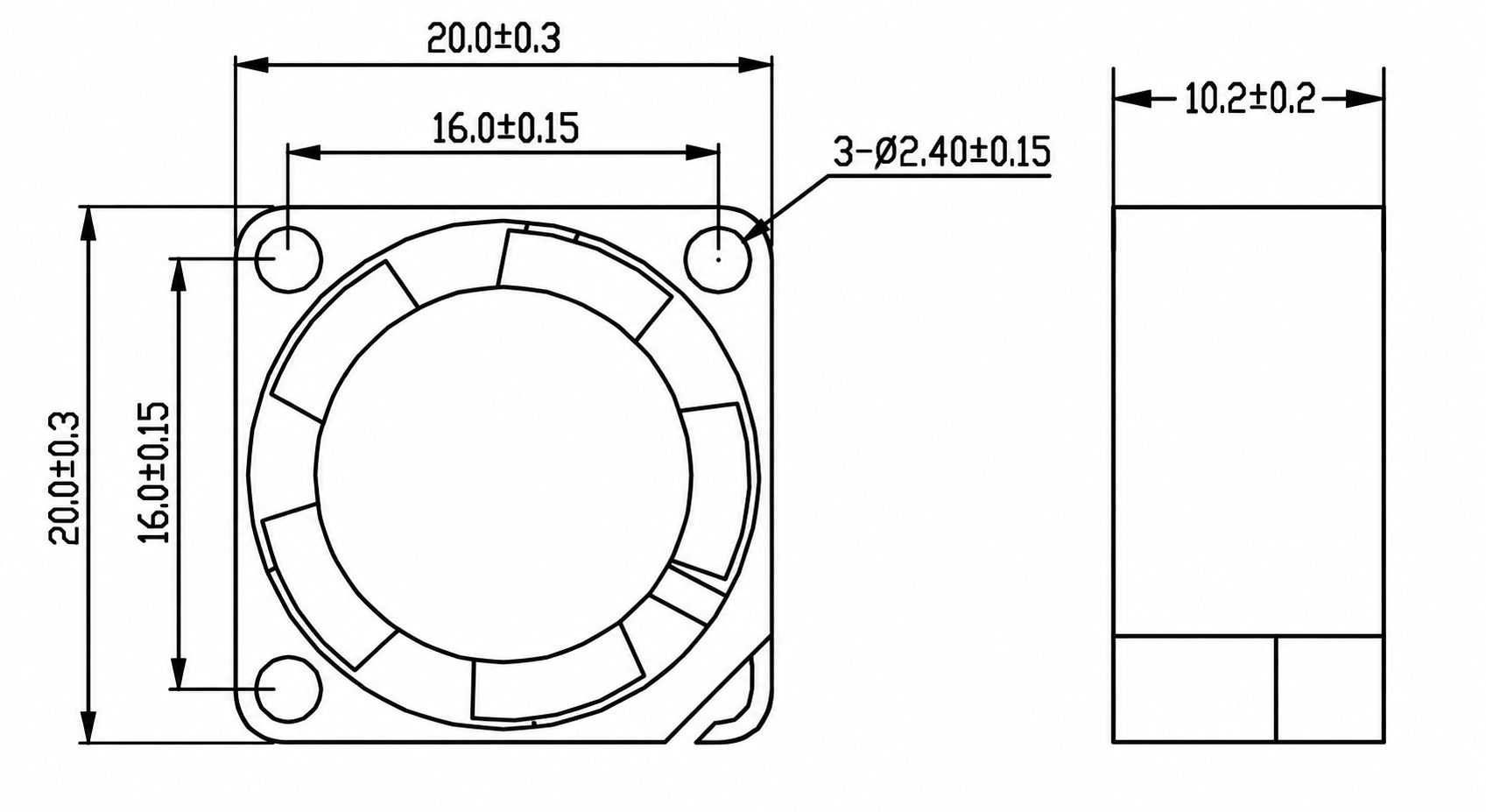 JF2010 20 × 20 × 10 mm DC fan high-contrast dimensions and mounting drawing