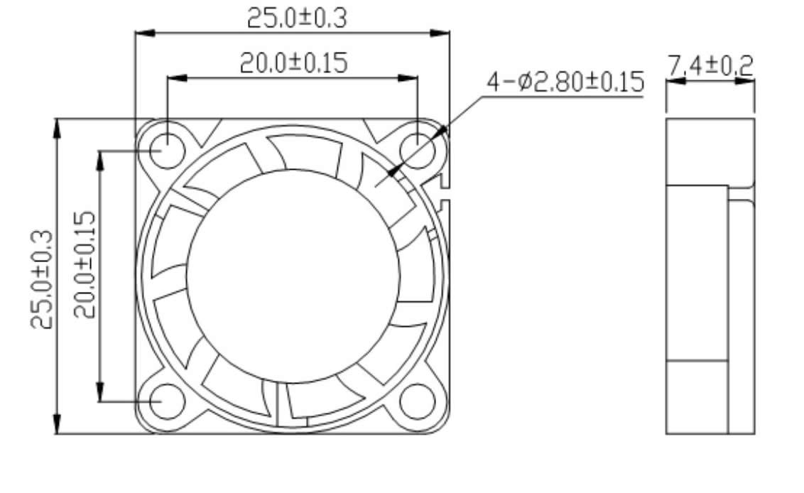 JF2507 dimensional drawing showing 25 mm frame and 7.4 mm thickness