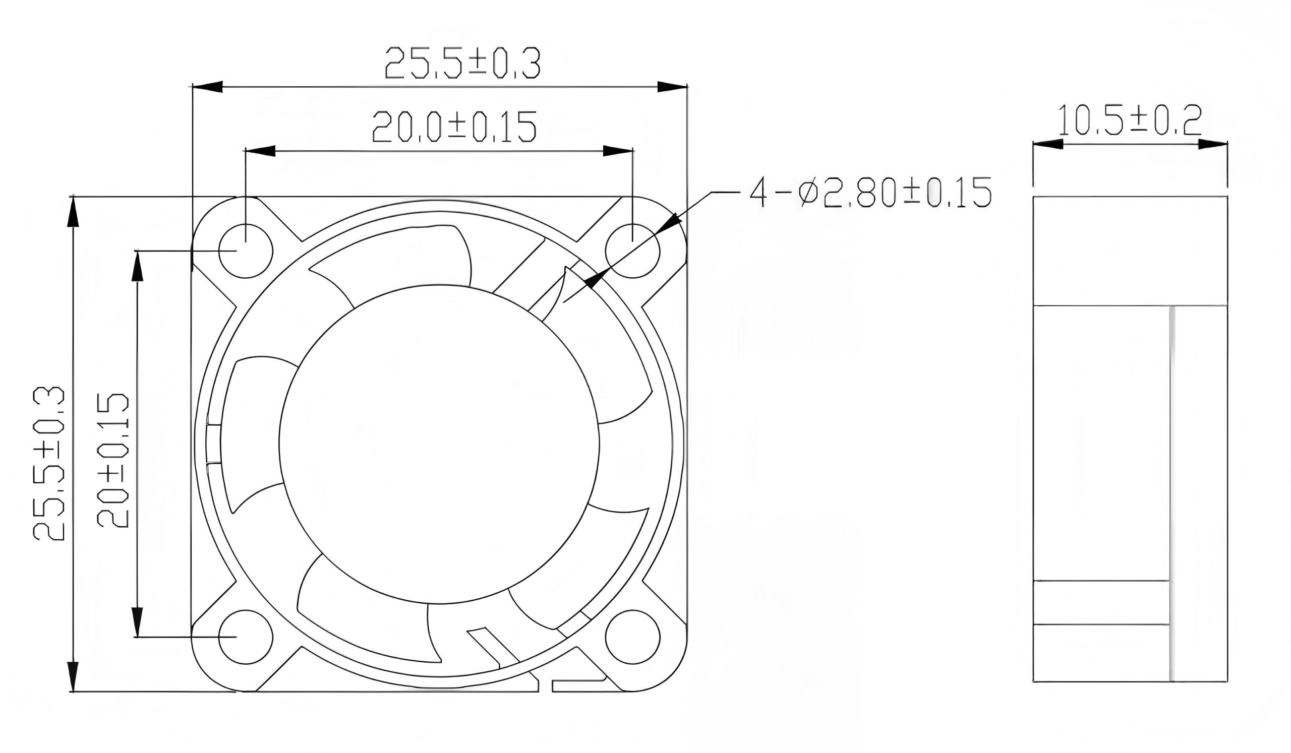 JF2510 dimensional drawing showing 25.5 mm frame and 10.5 mm thickness