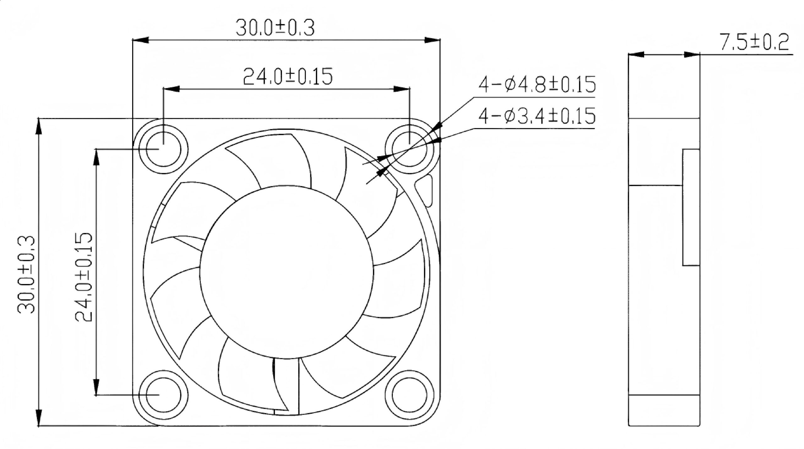 JF3007 dimensional drawing showing 30 mm frame and 7.5 mm thickness