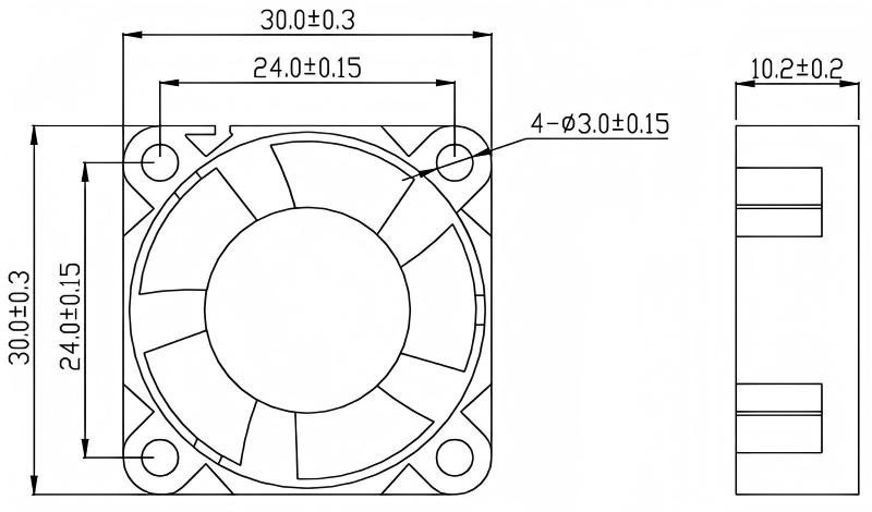 JF3010 dimensional drawing showing 30 mm frame and 10.2 mm thickness