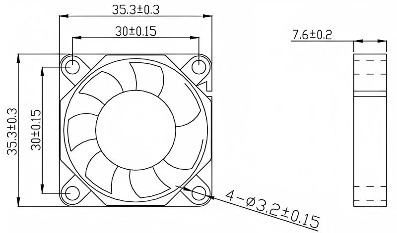 JF3507 dimensional drawing showing 35.3 mm frame and 7.6 mm thickness