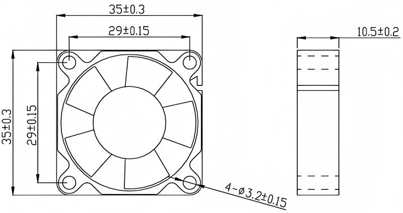 JF3510 dimensional drawing showing 35 mm frame and 10.5 mm thickness