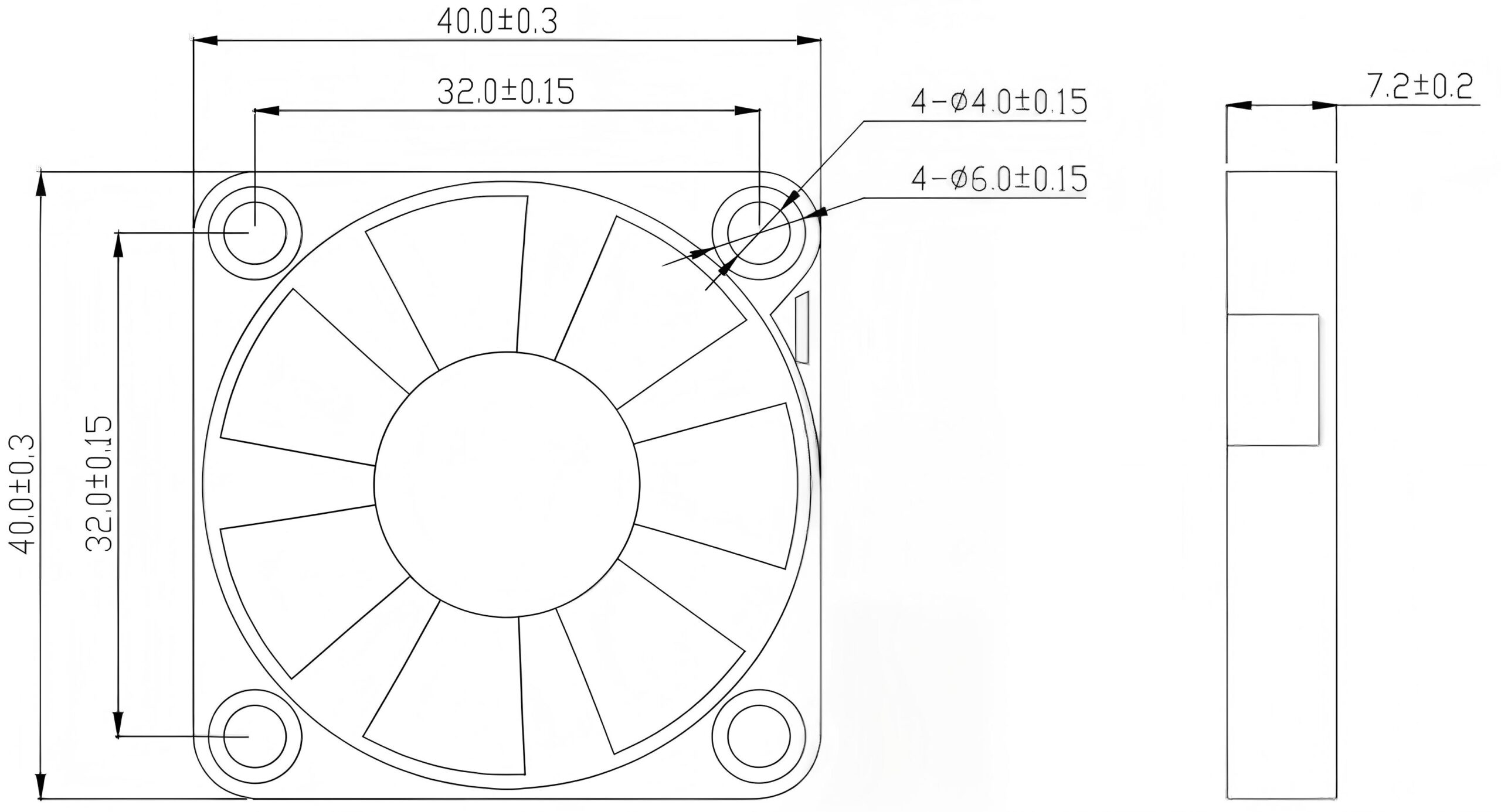 JF4007 dimensional drawing showing 40 mm frame and 7.2 mm thickness