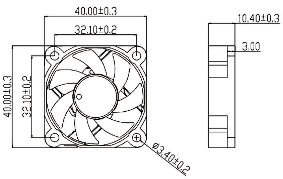 JF4010 dimensional drawing showing 40 mm frame and 10.4 mm thickness
