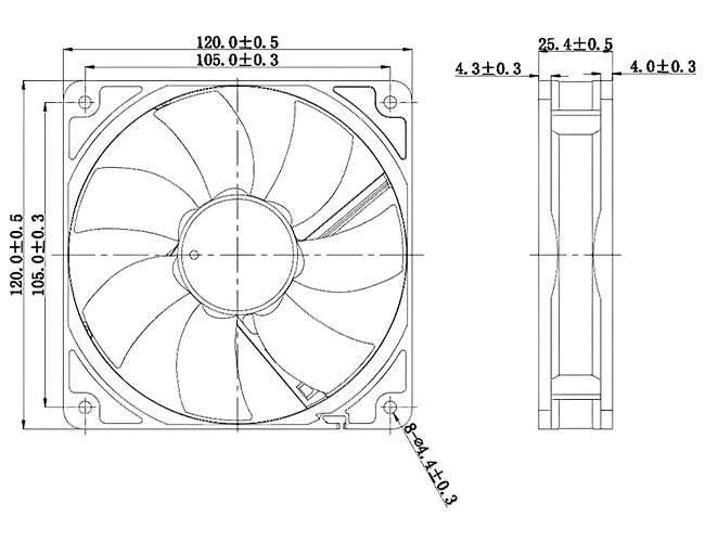 JF12025 120x120x25mm DC fan dimensions drawing