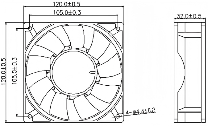 JF12032 120x120x32mm DC fan dimensions drawing