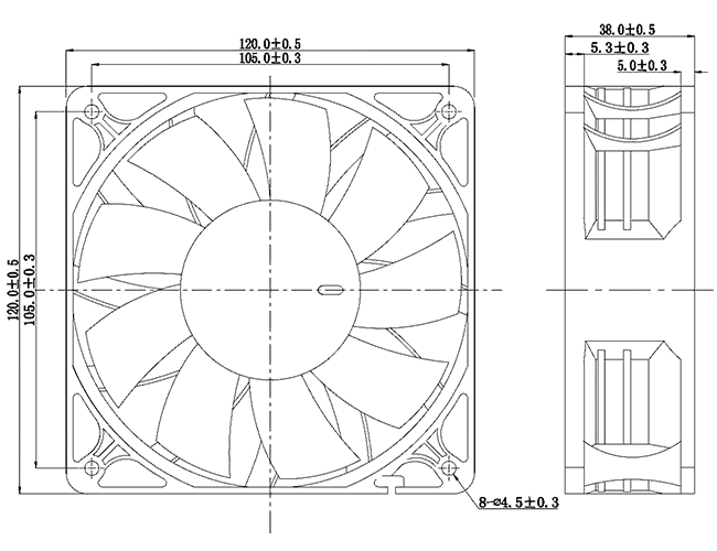 JF12038 120x120x38mm DC fan dimensions drawing