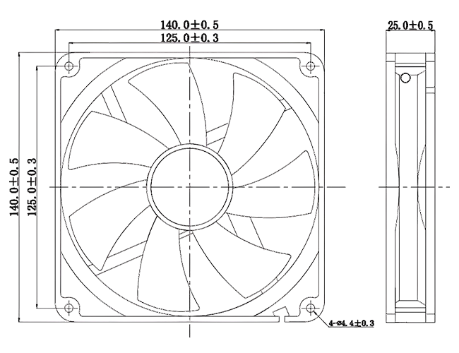 JF14025 140x140x25mm DC fan dimensions drawing