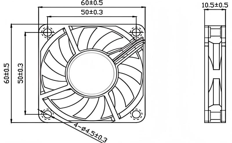 JF6010 dimensional drawing showing 60 mm frame and 10.5 mm thickness
