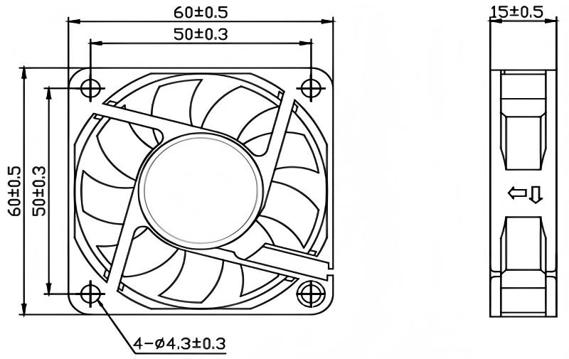JF6015 dimensional drawing showing 60 mm frame and 15 mm thickness