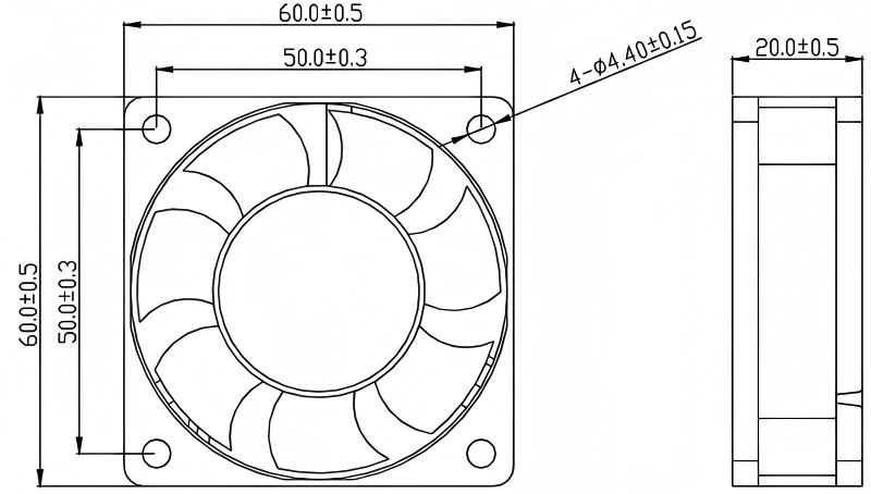 JF6020 dimensional drawing showing 60 mm frame and 20 mm thickness