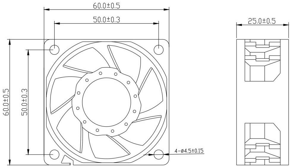 JF6025 dimensional drawing showing 60 mm frame and 25 mm thickness