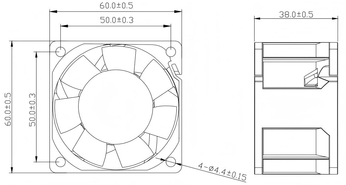 JF6038 dimensional drawing showing 60 mm frame and 38 mm thickness