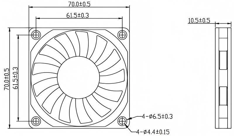 JF7010 dimensional drawing showing 70 mm frame and 10.5 mm thickness