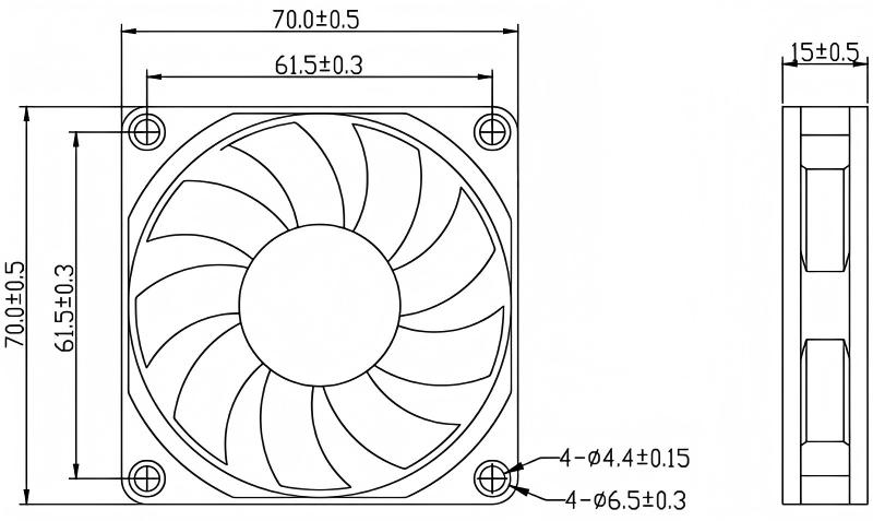 JF7015 70 mm x 70 mm x 15 mm dimensions drawing