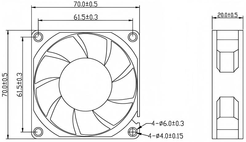 JF7020 70 mm x 70 mm x 20 mm dimensions drawing