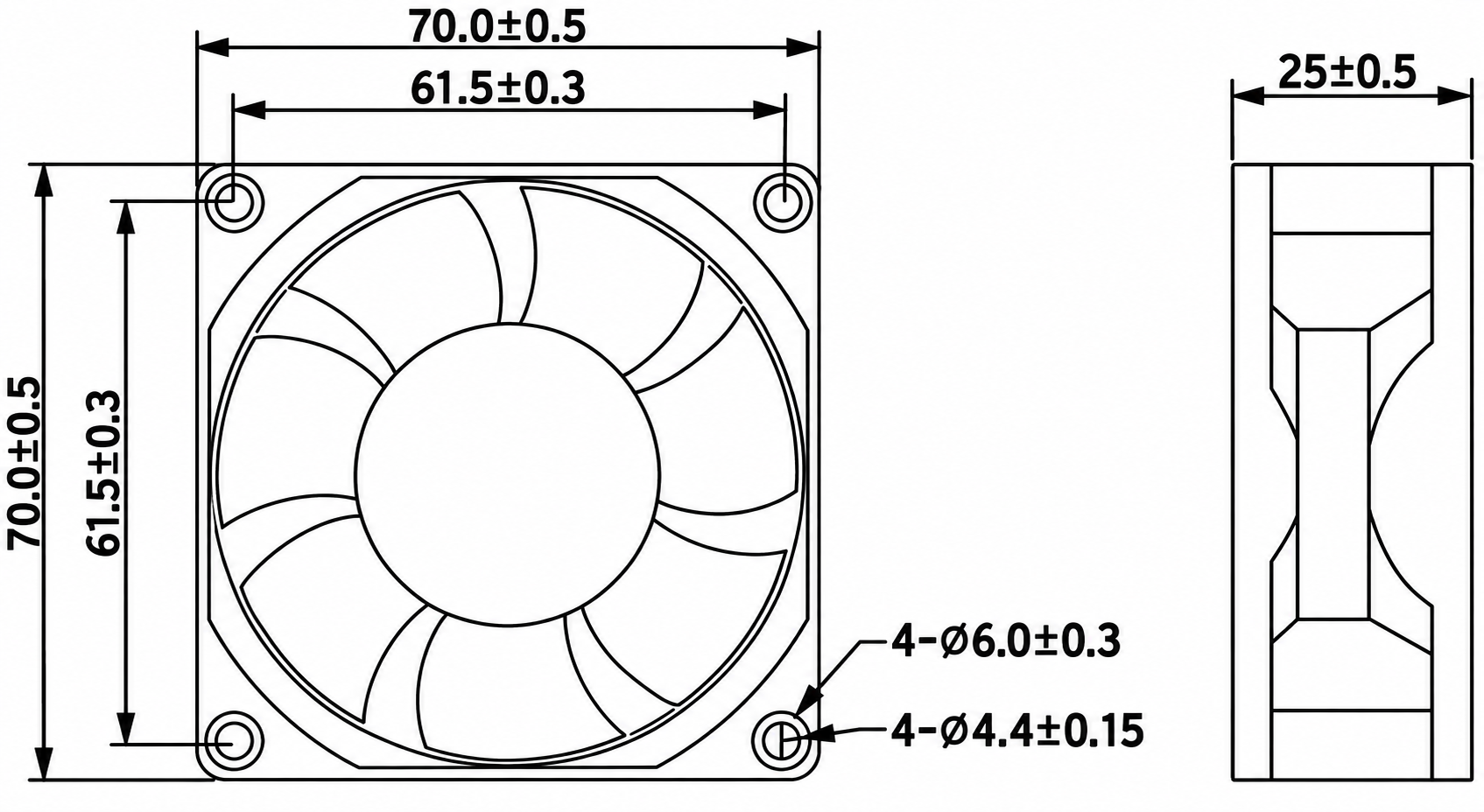 JF7025 enhanced 70 mm x 70 mm x 25 mm dimensions drawing