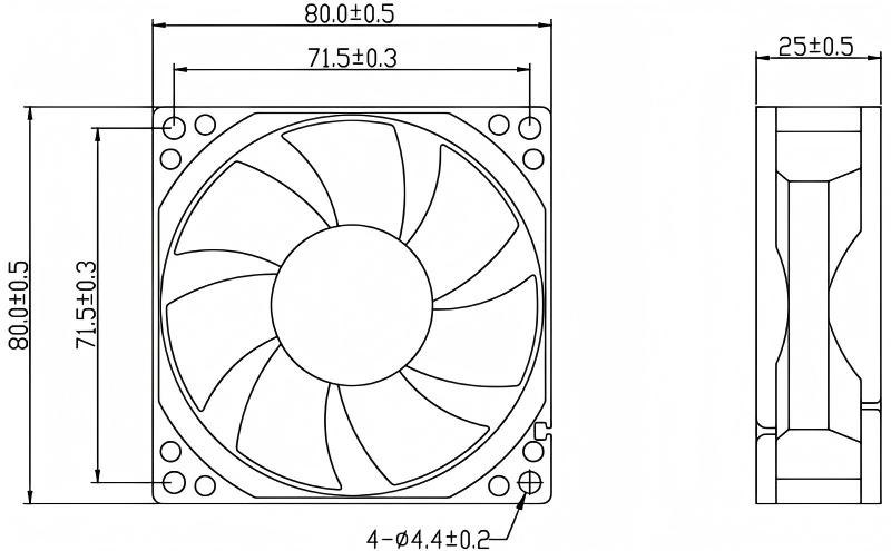 JF8025 80 mm x 80 mm x 25 mm dimensions drawing