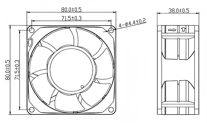 JF8038 80 mm x 80 mm x 38 mm dimensions drawing