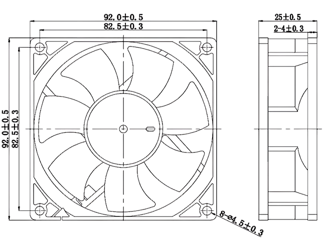 JF9225 92 mm x 92 mm x 25 mm dimensions drawing