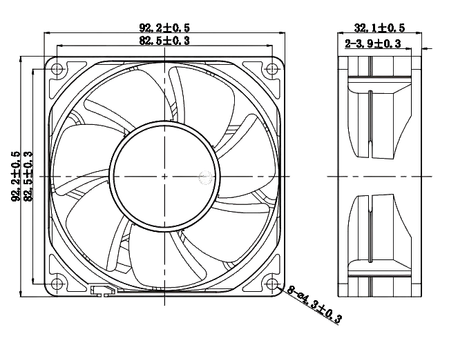 JF9232 92x92x32mm DC fan dimensions drawing