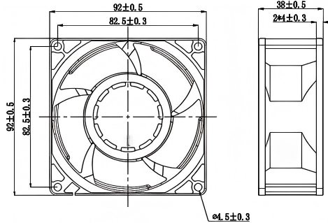 JF9238 92x92x38mm DC fan dimensions drawing